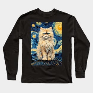 Persian Cat Breed Painting in a Van Gogh Starry Night Art Style Long Sleeve T-Shirt